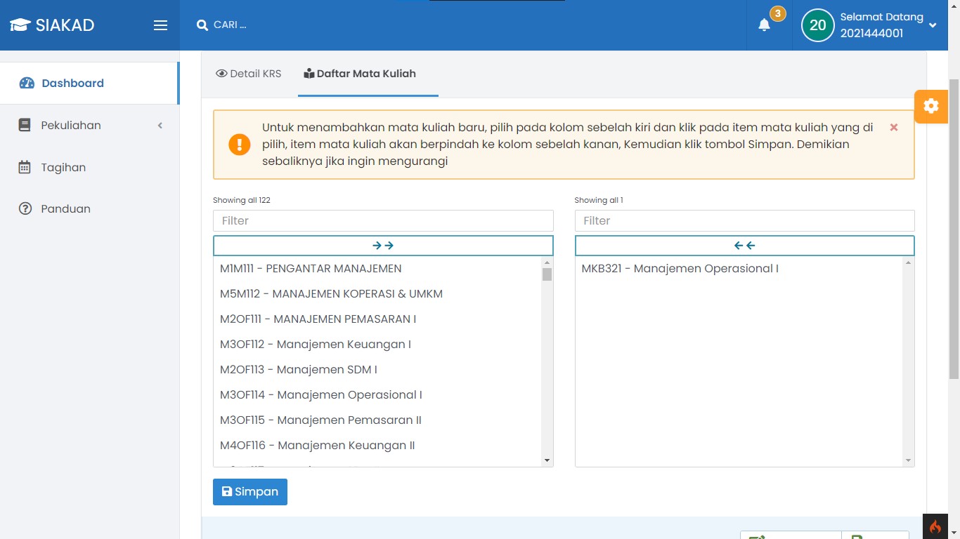 Tangkapan Layar - Update Kartu Rencana Studi